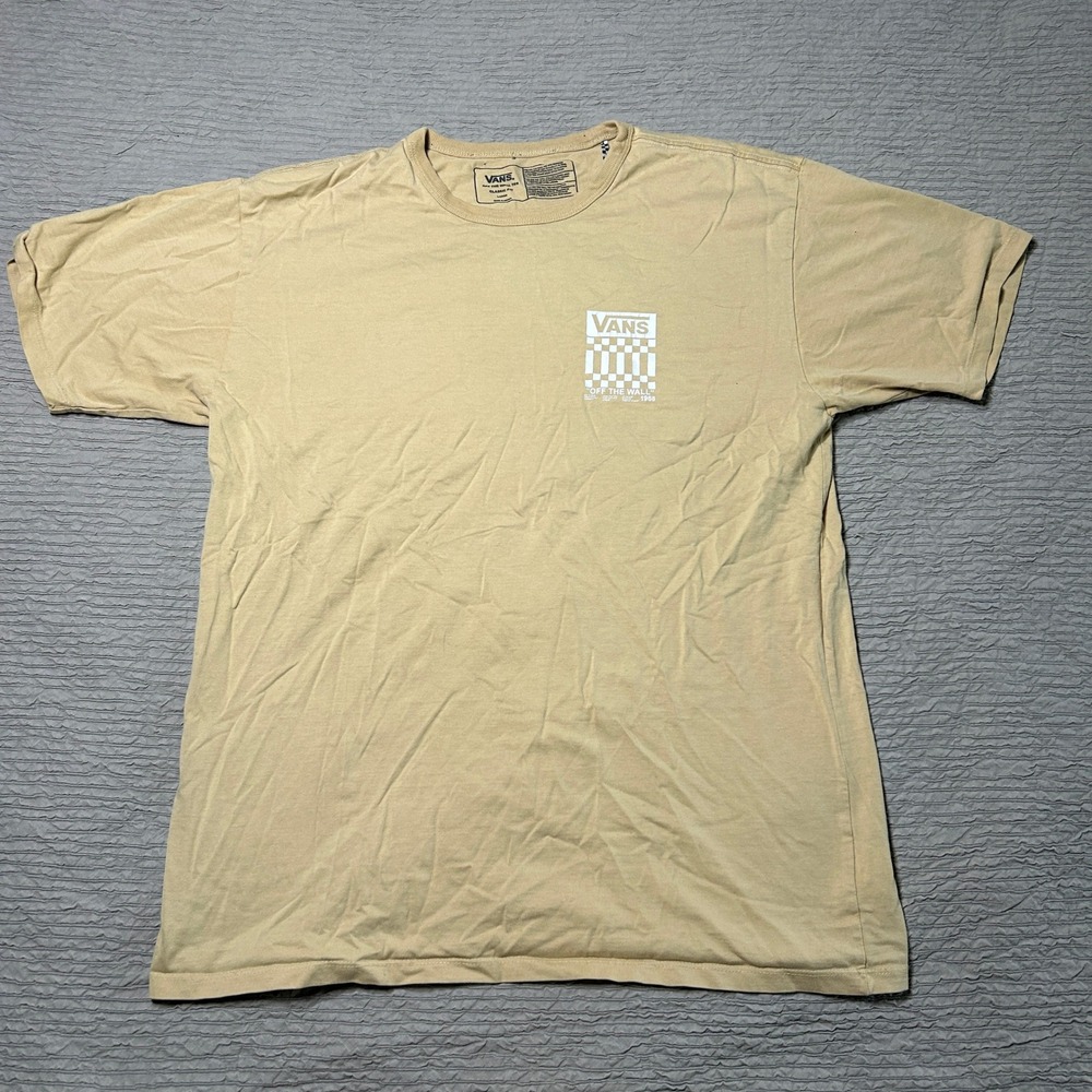 Vans Off The Wall Graphic T-Shirt Mens Large Tan Checkerboard Logo Short Sleeve